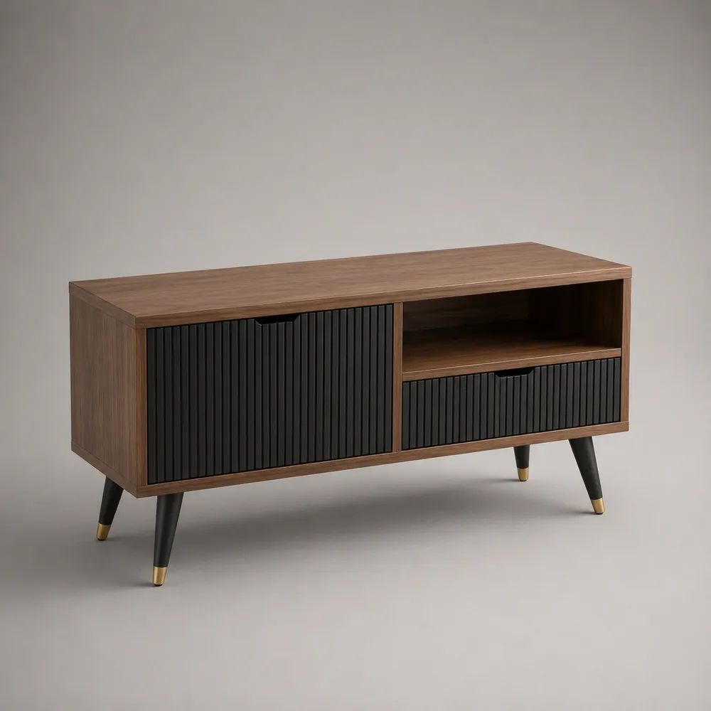 TV-Lowboard aus MDF und Stahl mit 2 Türen, 2 Schubladen und offenem Fach, Walnussbraun/Schwarz/Goldfarben, 120 × 40 × 65 cm