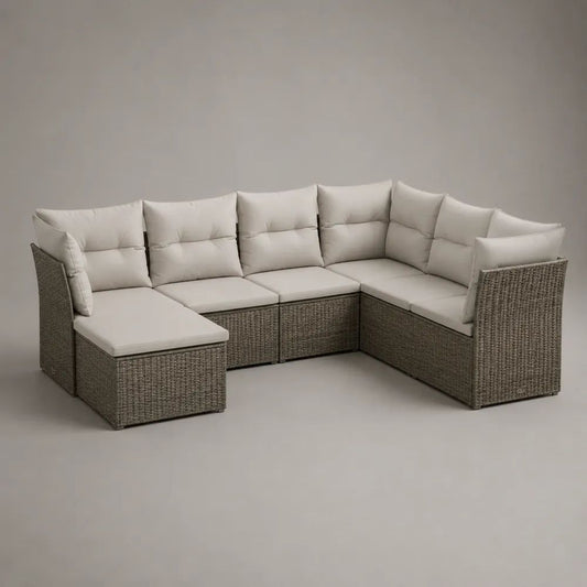 Gartensofa-Set, 5-Sitzer aus PE-Rattan und pulverbeschichtetem Stahl mit Polstern, U-Form, Grau/Creme, 260 x 190 x 85 cm