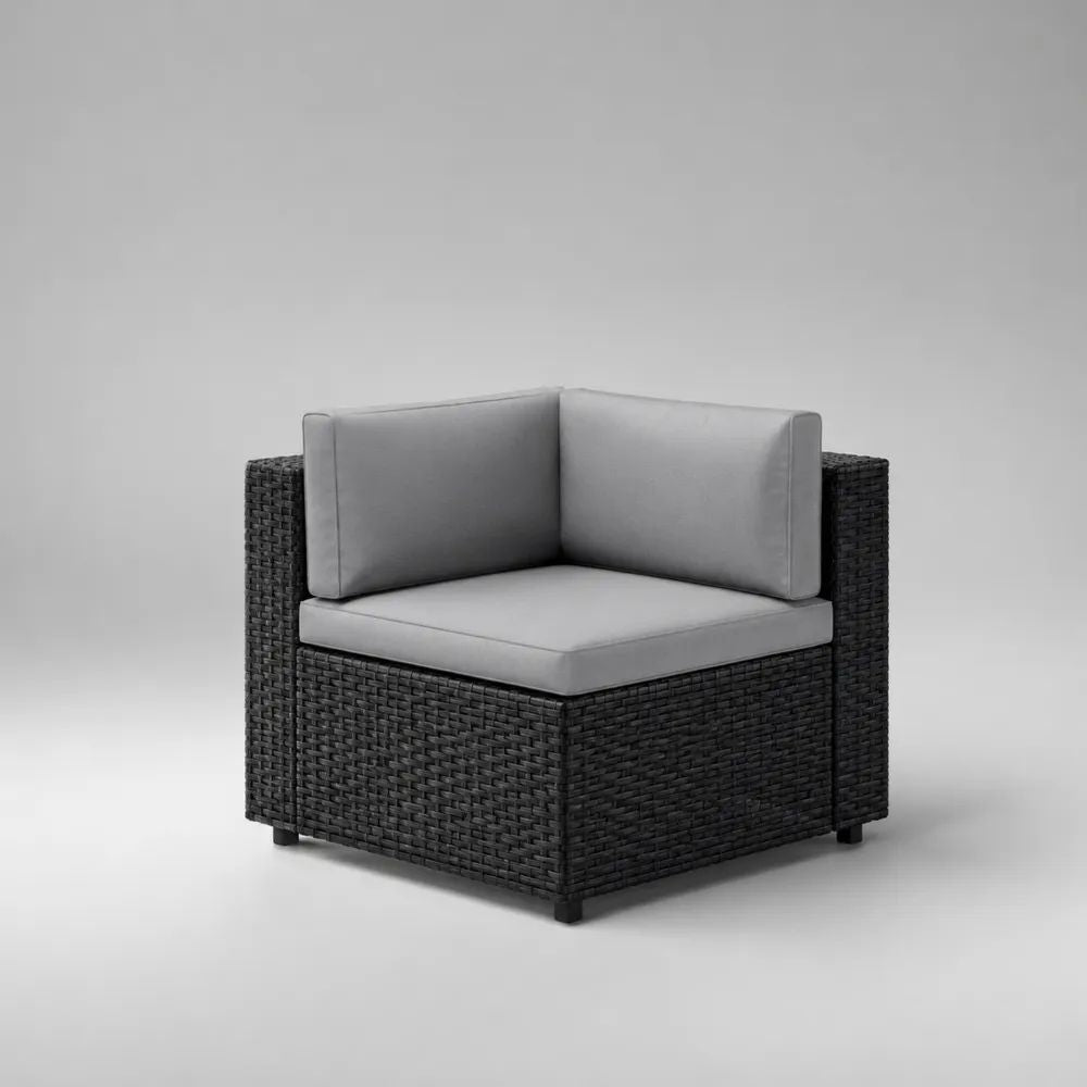 Gartensofa-Eckmodul, 1-Sitzer aus PE-Rattan mit Polyesterpolstern, Schwarz/Grau, 75 × 75 × 70 cm