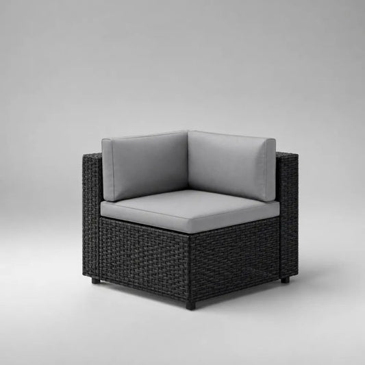 Gartensofa-Eckmodul, 1-Sitzer aus PE-Rattan mit Polyesterpolstern, Schwarz/Grau, 75 × 75 × 70 cm