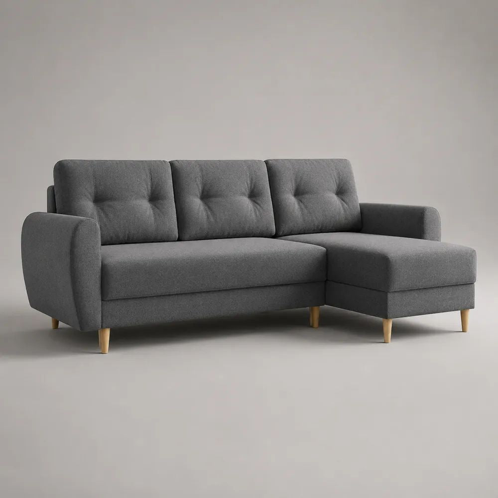 L-förmiges 3-Sitzer-Ecksofa aus Stoff mit Ottomane rechts, Grau, 220 x 145 x 85 cm
