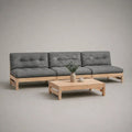 4-teiliges Gartensofa-Set aus massivem Kiefernholz mit grauen Polsterkissen, 3-Sitzer 210 x 70 x 67 cm, Tisch 70 x 70 x 30 cm