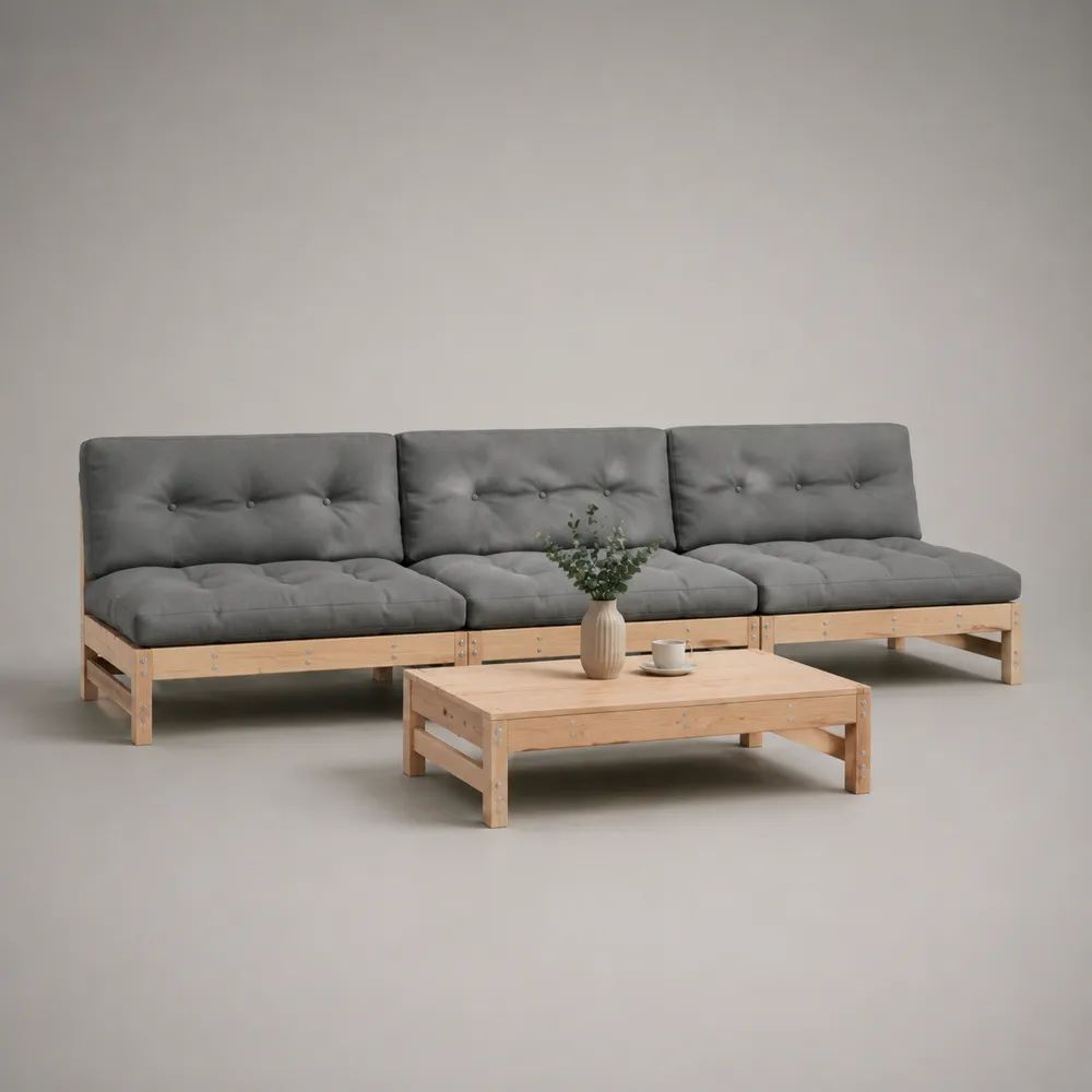 4-teiliges Gartensofa-Set aus massivem Kiefernholz mit grauen Polsterkissen, 3-Sitzer 210 x 70 x 67 cm, Tisch 70 x 70 x 30 cm