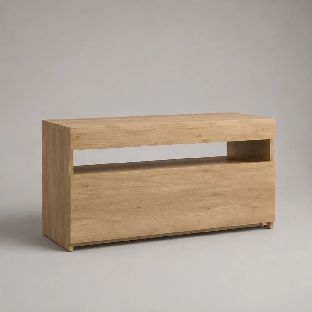 TV-Lowboard aus Spanplatte mit Eichenfurnier, 2 grifflose Schubladen und 1 offenes Fach, Eiche Natur, 120 × 40 × 70 cm