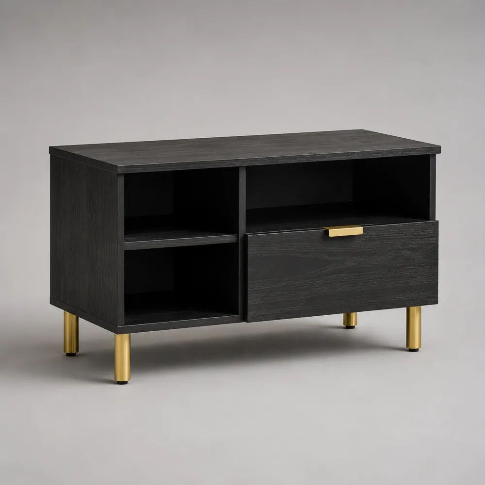 TV-Lowboard mit Schublade aus melaminbeschichteter Spanplatte, Schwarz/Gold, 90 x 40 x 65 cm