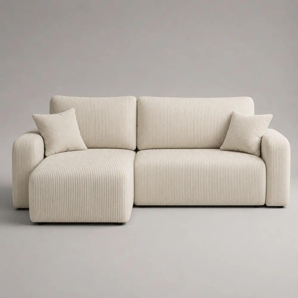 L-förmiges 3-Sitzer-Ecksofa mit linksseitiger Ottomane aus Polyester-Cord, Cremeweiß, 230 × 150 × 85 cm