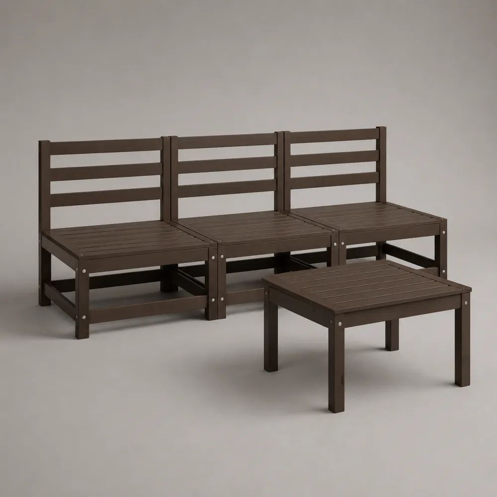 4-teiliges Gartensofa-Set aus Holz in Dunkelbraun, 3-Sitzer 190,5 × 63,5 × 62,5 cm mit Tisch 63,5 × 63,5 × 28,5 cm