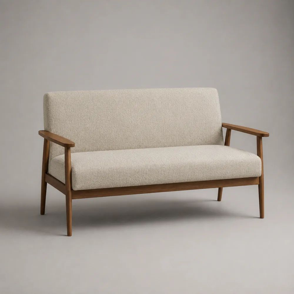 2-Sitzer-Sofa mit Stoffbezug und Holzrahmen, Creme/Braun, 140 × 76 × 82 cm