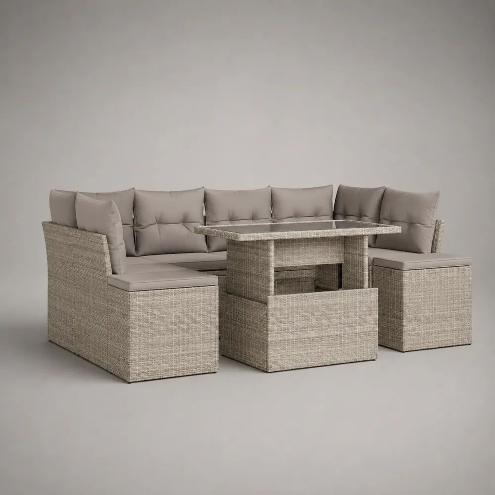 5-teiliges Gartenlounge-Set mit U-förmigem Ecksofa, Esstisch und Hocker aus PE-Rattan, Beige/Graubraun, 240 × 180 × 75 cm