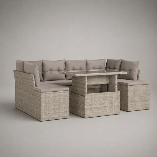 5-teiliges Gartenlounge-Set mit U-förmigem Ecksofa, Esstisch und Hocker aus PE-Rattan, Beige/Graubraun, 240 × 180 × 75 cm