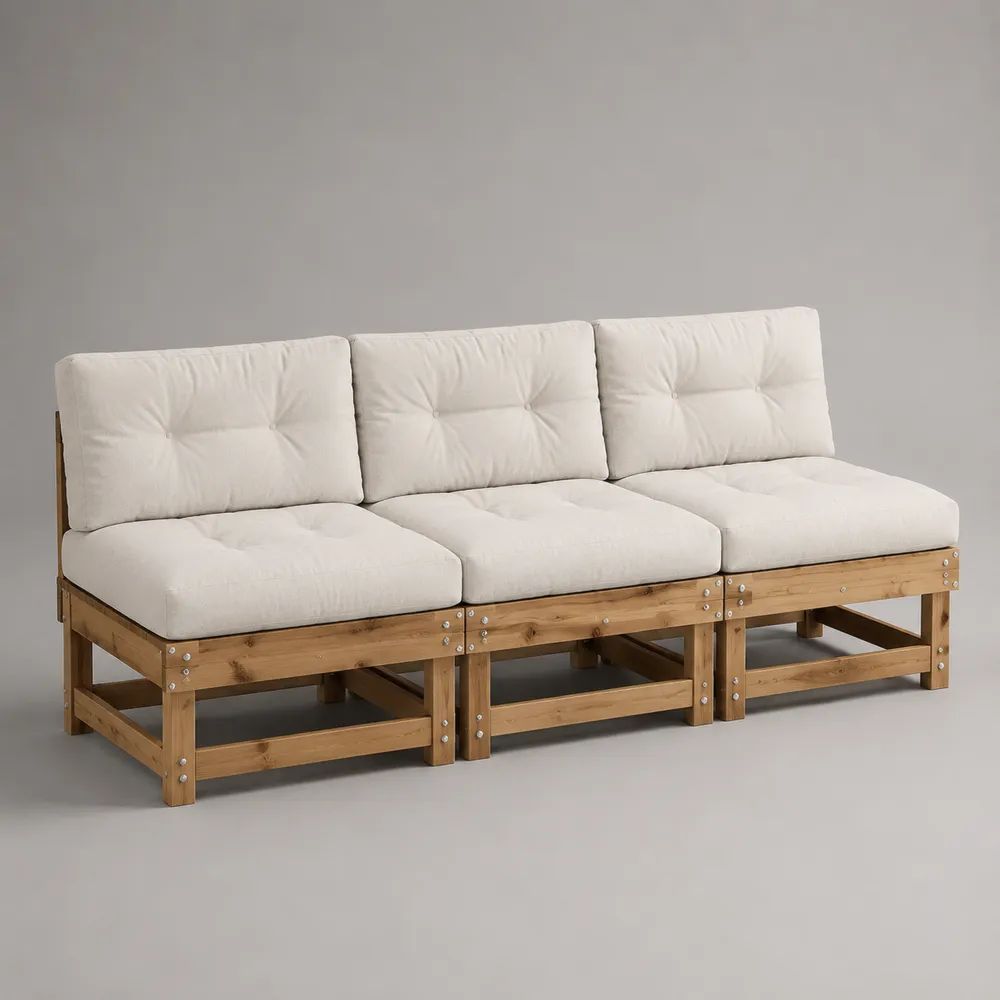 Modulares Gartensofa-Set, 3-Sitzer aus massivem Kiefernholz mit Polyesterkissen, Braun/Cremeweiß, 210 × 75 × 78 cm
