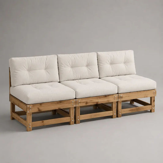 Modulares Gartensofa-Set, 3-Sitzer aus massivem Kiefernholz mit Polyesterkissen, Braun/Cremeweiß, 210 × 75 × 78 cm