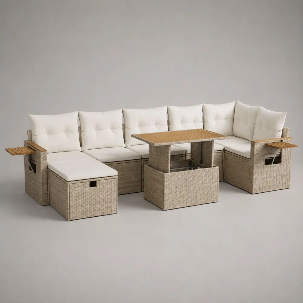 Gartenlounge-Ecksofa aus PE-Rattan, 6-Sitzer in Beige/Cremeweiß/Braun, mit höhenverstellbarem Tisch, ca. 260 x 200 x 74 cm