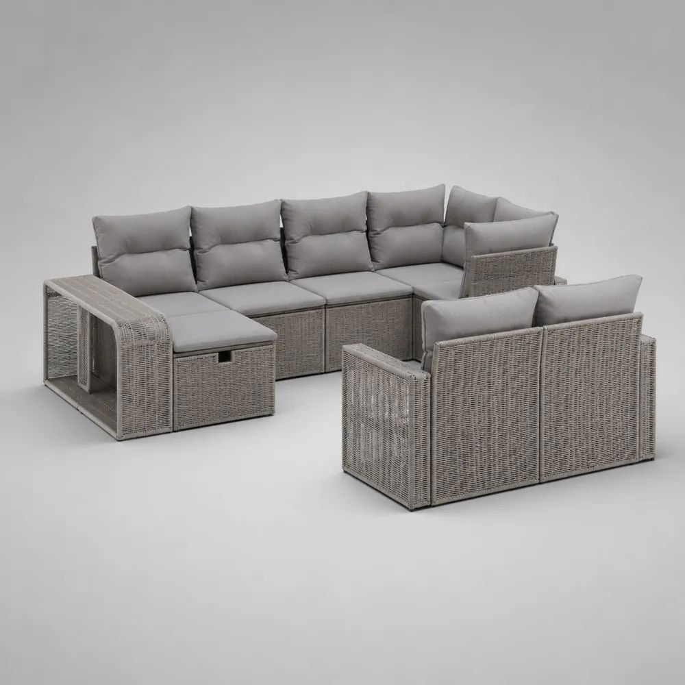 8-Sitzer Garten-Lounge-Set aus PE-Rattan mit Polstern, U-Form, Hellgrau/Grau, ca. 300 x 220 x 75 cm