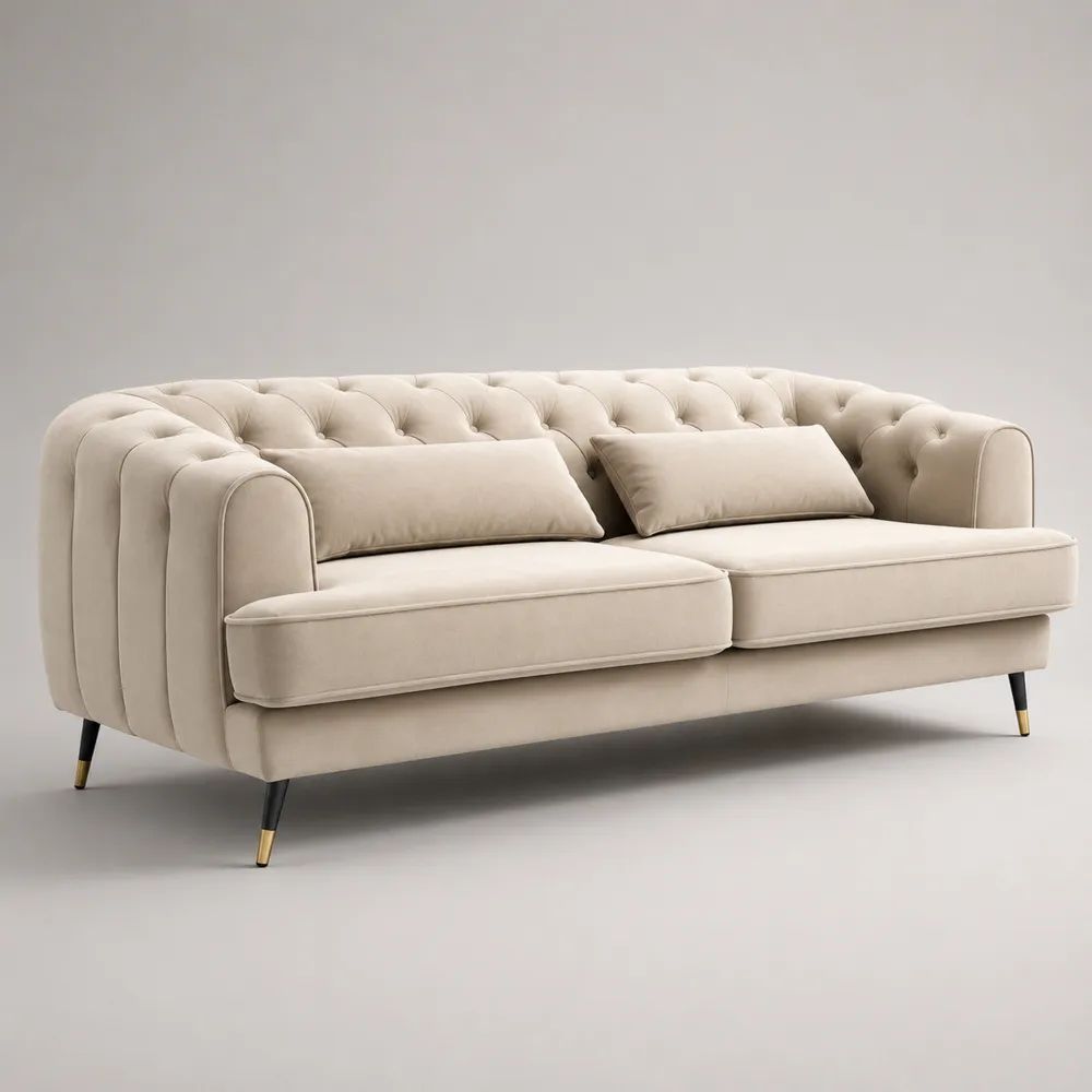 3-Sitzer-Sofa mit Samtbezug, Knopfheftung und abgerundeter Form, Creme, 215 × 90 × 78 cm