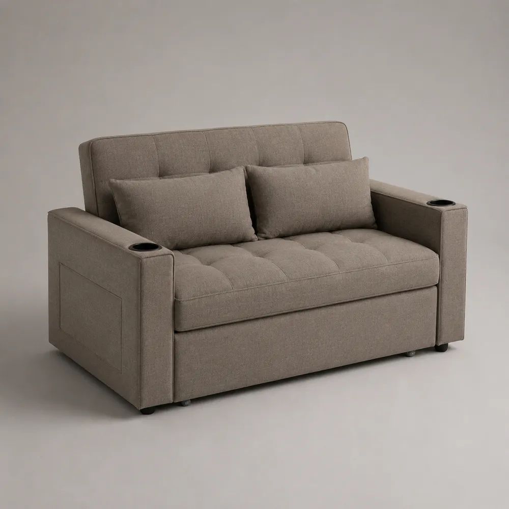 2-Sitzer-Sofa aus Polyestergewebe mit 2 Getränkehaltern und 2 Kissen, Graubeige, 150 × 82 × 88 cm