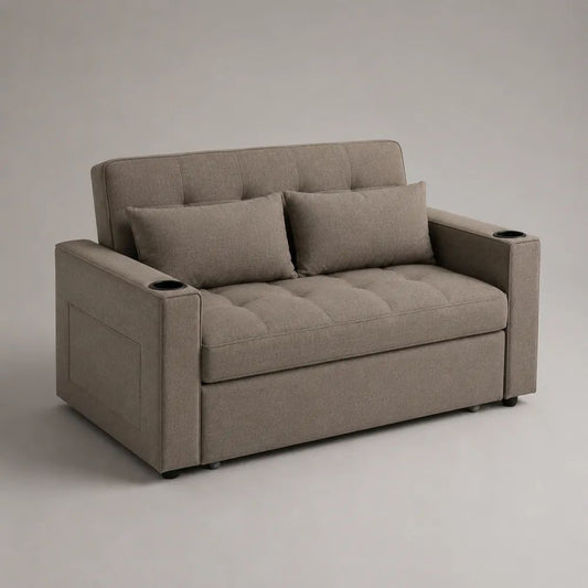 2-Sitzer-Sofa aus Polyestergewebe mit 2 Getränkehaltern und 2 Kissen, Graubeige, 150 × 82 × 88 cm