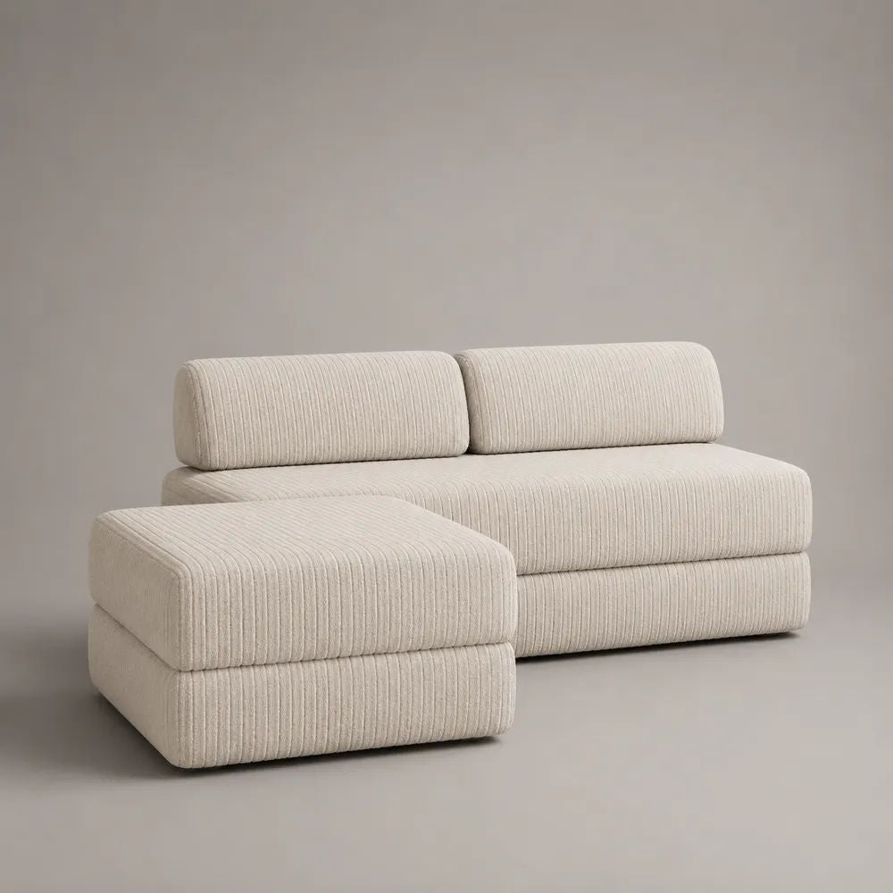 Ecksofa mit Ottomane links, 3-Sitzer in L-Form, Polyester-Breitcord Creme, 240 x 160 x 82 cm