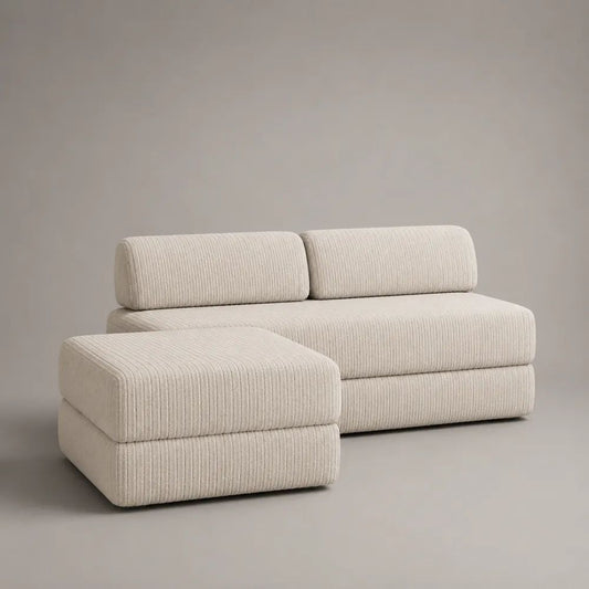 Ecksofa mit Ottomane links, 3-Sitzer in L-Form, Polyester-Breitcord Creme, 240 x 160 x 82 cm