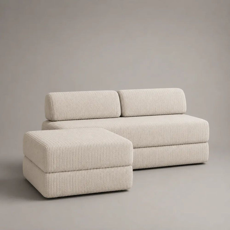 Ecksofa mit Ottomane links, 3-Sitzer in L-Form, Polyester-Breitcord Creme, 240 x 160 x 82 cm