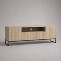 Rechteckiges TV-Lowboard aus Spanplatte und MDF mit Stauraum und Stahlgestell, Eiche Natur/Schwarz, 160 x 40 x 65 cm
