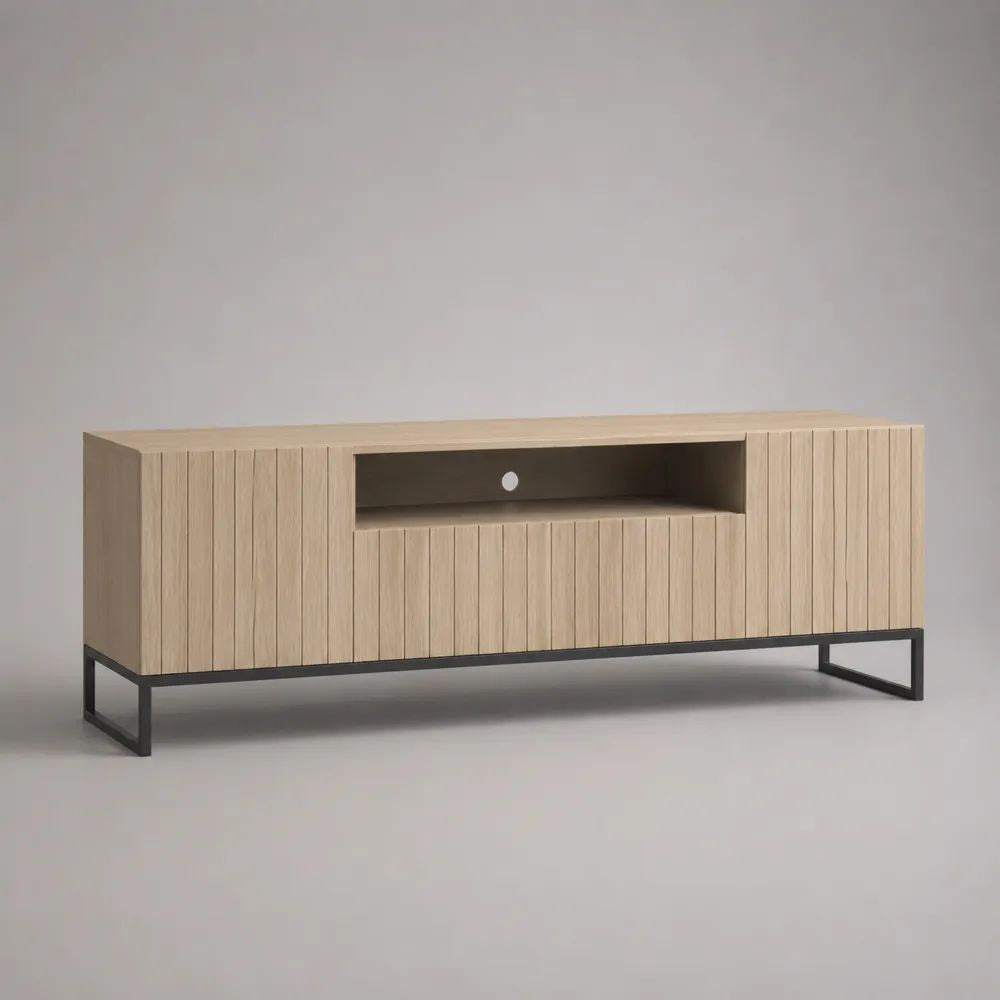Rechteckiges TV-Lowboard aus Spanplatte und MDF mit Stauraum und Stahlgestell, Eiche Natur/Schwarz, 160 x 40 x 65 cm