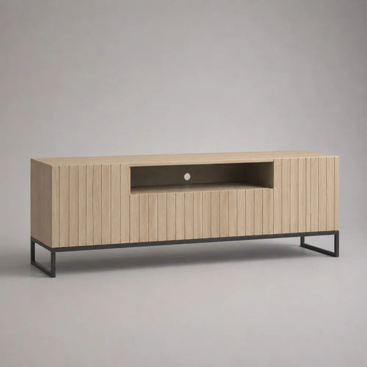 Rechteckiges TV-Lowboard aus Spanplatte und MDF mit Stauraum und Stahlgestell, Eiche Natur/Schwarz, 160 x 40 x 65 cm
