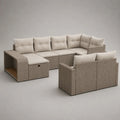 Gartenlounge-Garnitur, 6-Sitzer aus PE-Rattan mit Stahlgestell und Polyesterkissen, U-Form, Taupe/Creme/Braun, 285 × 220 × 75 cm