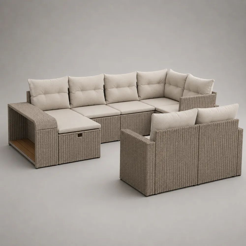 Gartenlounge-Garnitur, 6-Sitzer aus PE-Rattan mit Stahlgestell und Polyesterkissen, U-Form, Taupe/Creme/Braun, 285 × 220 × 75 cm
