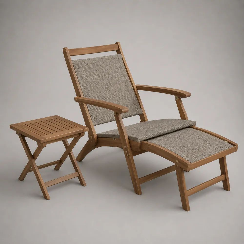 2-teiliges Gartenliegen-Set aus Holz mit ausziehbarer Fußauflage und Klapptisch, Braun/Beige, Liege 150 × 72 × 85 cm, Tisch 45 × 45 × 45 cm