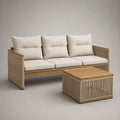 2-teiliges Gartensofa-Set aus Holz und PP-Seilgeflecht mit 3-Sitzer und Couchtisch, Beige/Naturbraun, Sofa 200 × 80 × 78 cm, Tisch 70 × 70 × 42 cm