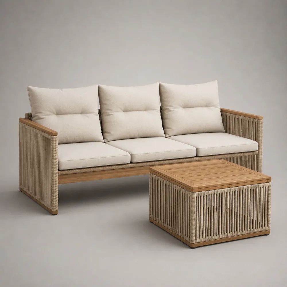 2-teiliges Gartensofa-Set aus Holz und PP-Seilgeflecht mit 3-Sitzer und Couchtisch, Beige/Naturbraun, Sofa 200 × 80 × 78 cm, Tisch 70 × 70 × 42 cm