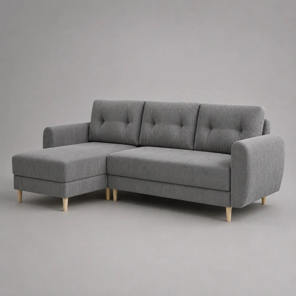 Ecksofa 3-Sitzer mit linker Ottomane, Cordbezug, L-Form, Grau, 230 × 150 × 88 cm