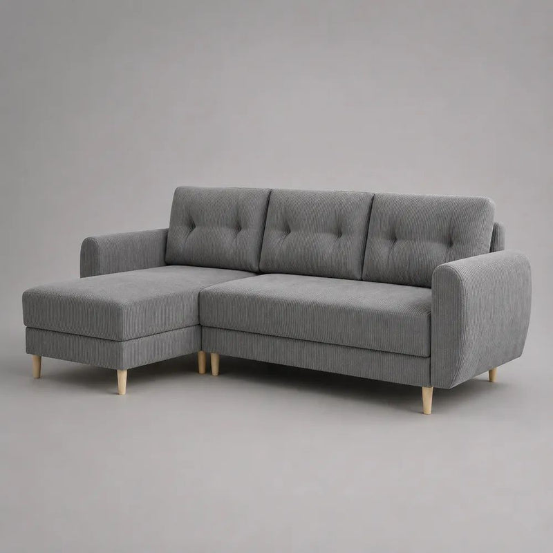 Ecksofa 3-Sitzer mit linker Ottomane, Cordbezug, L-Form, Grau, 230 × 150 × 88 cm