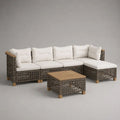5-teilige Garten-Sitzgruppe aus PE-Rattan mit Stahlrahmen, Holzelementen und Polyesterkissen, L-Form, Grau/Creme/Naturbraun, 244 × 178 × 75 cm