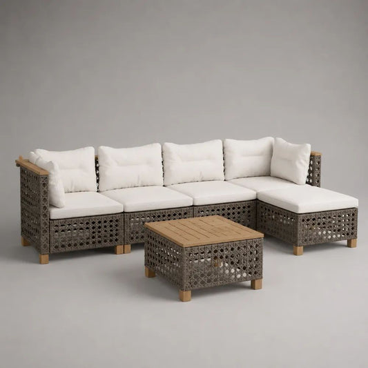 5-teilige Garten-Sitzgruppe aus PE-Rattan mit Stahlrahmen, Holzelementen und Polyesterkissen, L-Form, Grau/Creme/Naturbraun, 244 × 178 × 75 cm