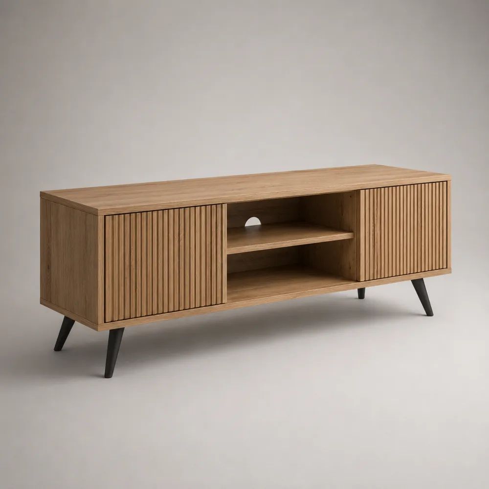 TV-Lowboard aus MDF mit Eichenfurnier und Lamellentüren, Naturbraun/Schwarz, 160 x 40 x 60 cm