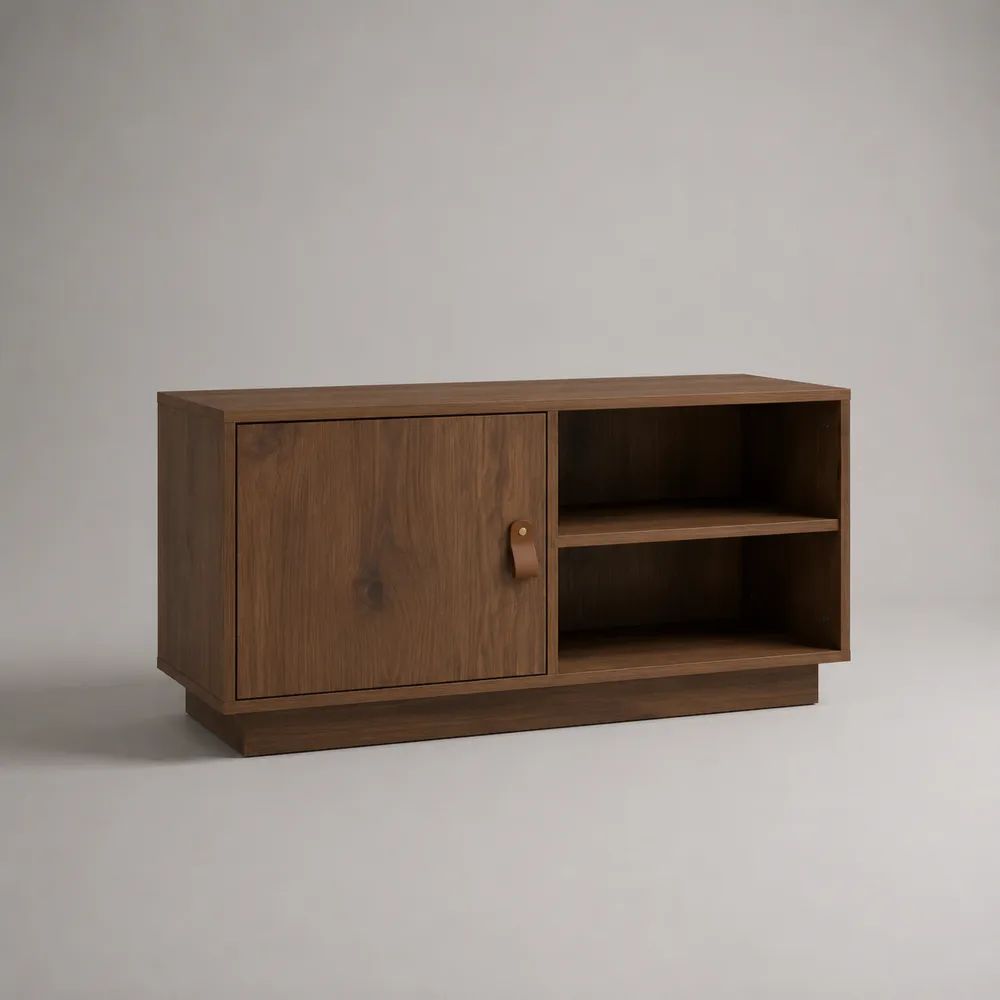 TV-Lowboard aus MDF und Spanplatte mit Walnussfurnier, 1 Tür und 2 offenen Fächern, Walnussbraun, 100 × 40 × 55 cm