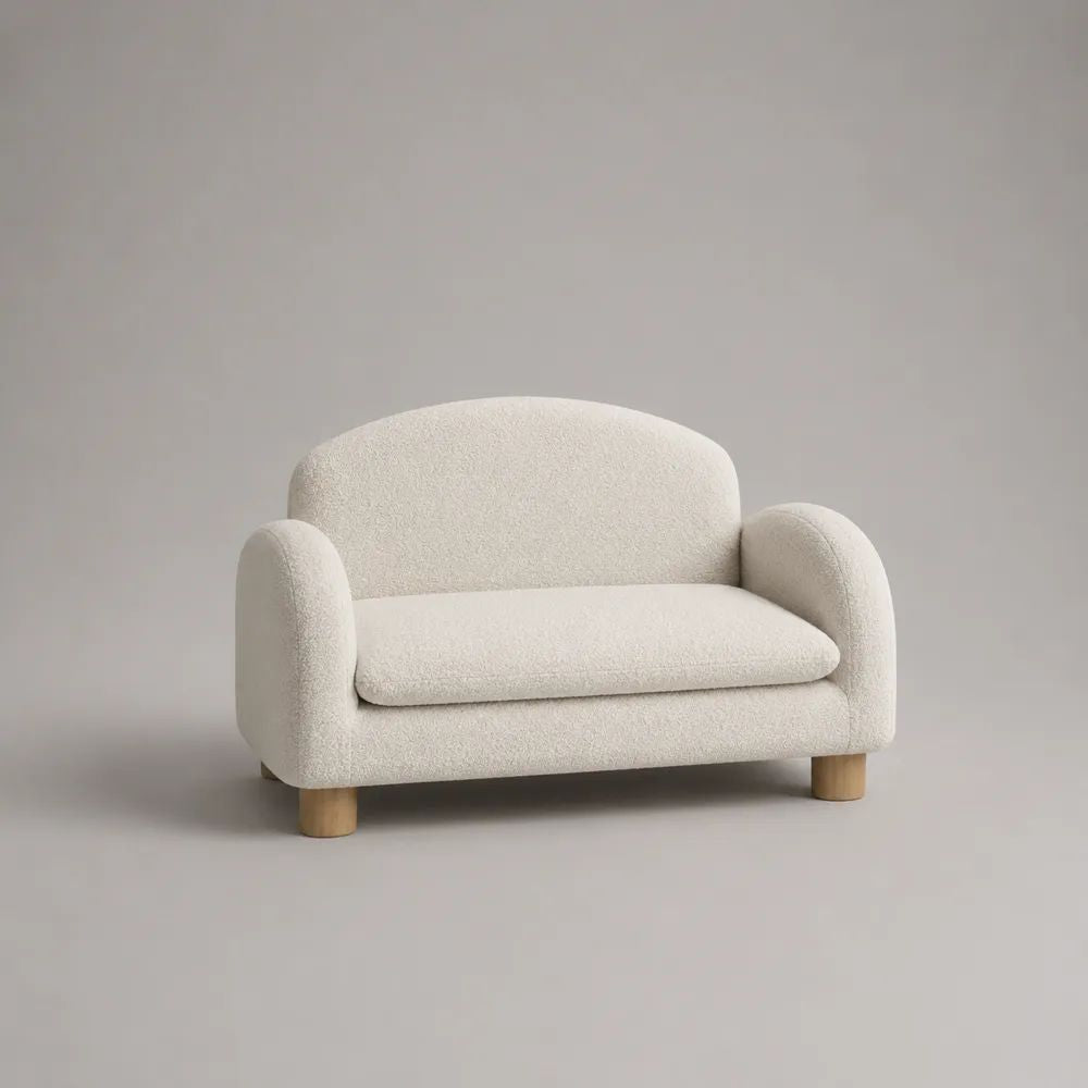 Abgerundetes 2-Sitzer-Sofa mit Armlehnen aus Polyester-Bouclé, Cremeweiß/Naturfarben, 130 × 73 × 82 cm