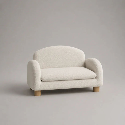 Abgerundetes 2-Sitzer-Sofa mit Armlehnen aus Polyester-Bouclé, Cremeweiß/Naturfarben, 130 × 73 × 82 cm