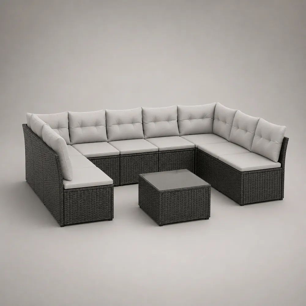 9-teilige Garten-Sitzgruppe in U-Form aus PE-Rattan mit Polstern und Glastisch, Anthrazit/Cremeweiß, 280 x 210 x 74 cm