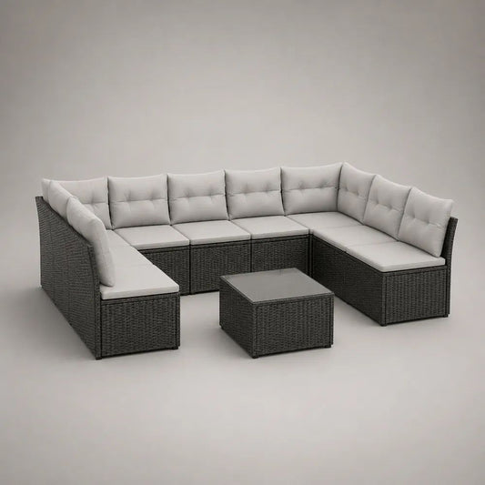 9-teilige Garten-Sitzgruppe in U-Form aus PE-Rattan mit Polstern und Glastisch, Anthrazit/Cremeweiß, 280 x 210 x 74 cm