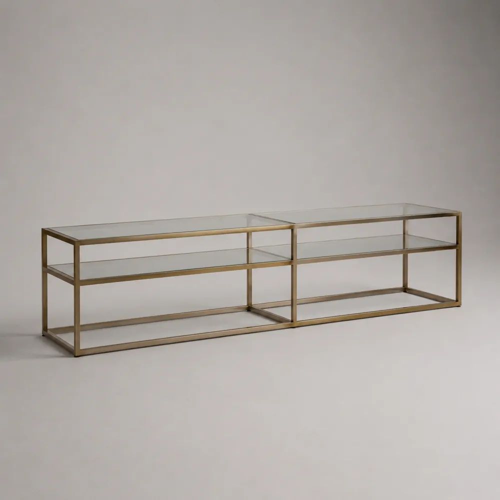 TV-Lowboard 2er-Set aus Glas und Stahl, rechteckig, Messingfarben/Transparent, 200 × 40 × 45 cm