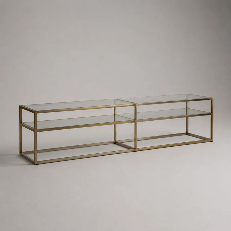 TV-Lowboard 2er-Set aus Glas und Stahl, rechteckig, Messingfarben/Transparent, 200 × 40 × 45 cm