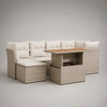 5-teiliges Gartenmöbel-Set aus PE-Rattan, Metall und Holz mit Ecksofa, Esstisch und 3 Hockern, ca. 240 x 180 x 75 cm, Beige/Creme/Braun