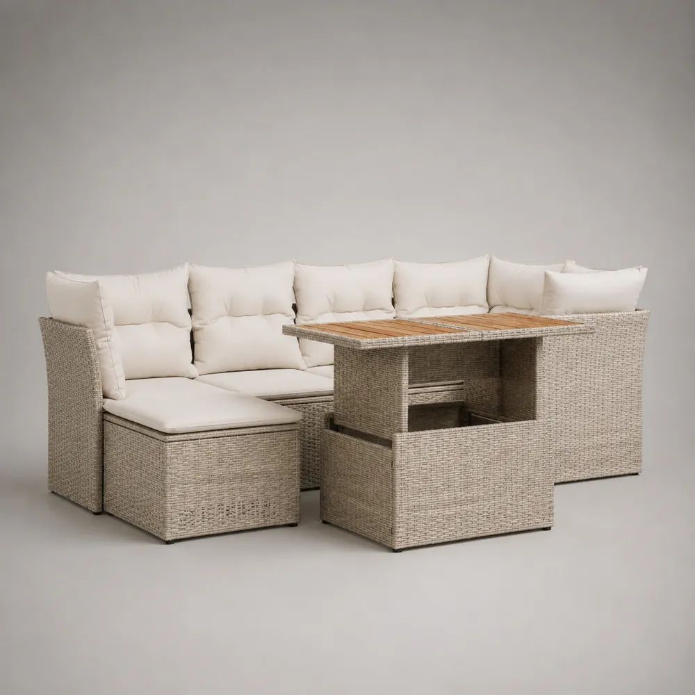 5-teiliges Gartenmöbel-Set aus PE-Rattan, Metall und Holz mit Ecksofa, Esstisch und 3 Hockern, ca. 240 x 180 x 75 cm, Beige/Creme/Braun