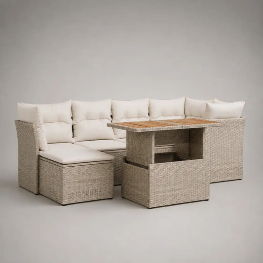 5-teiliges Gartenmöbel-Set aus PE-Rattan, Metall und Holz mit Ecksofa, Esstisch und 3 Hockern, ca. 240 x 180 x 75 cm, Beige/Creme/Braun