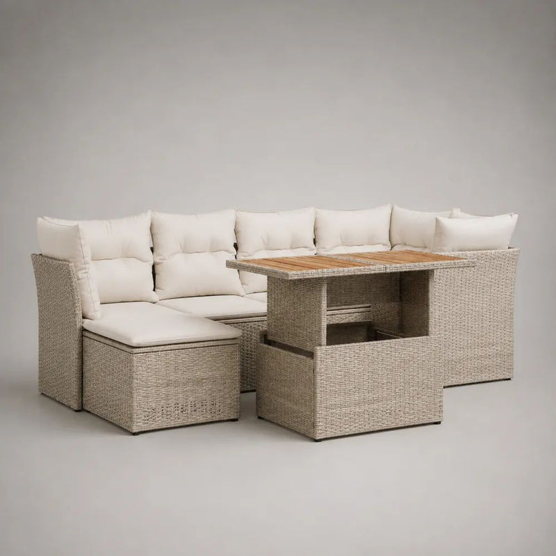 5-teiliges Gartenmöbel-Set aus PE-Rattan, Metall und Holz mit Ecksofa, Esstisch und 3 Hockern, ca. 240 x 180 x 75 cm, Beige/Creme/Braun