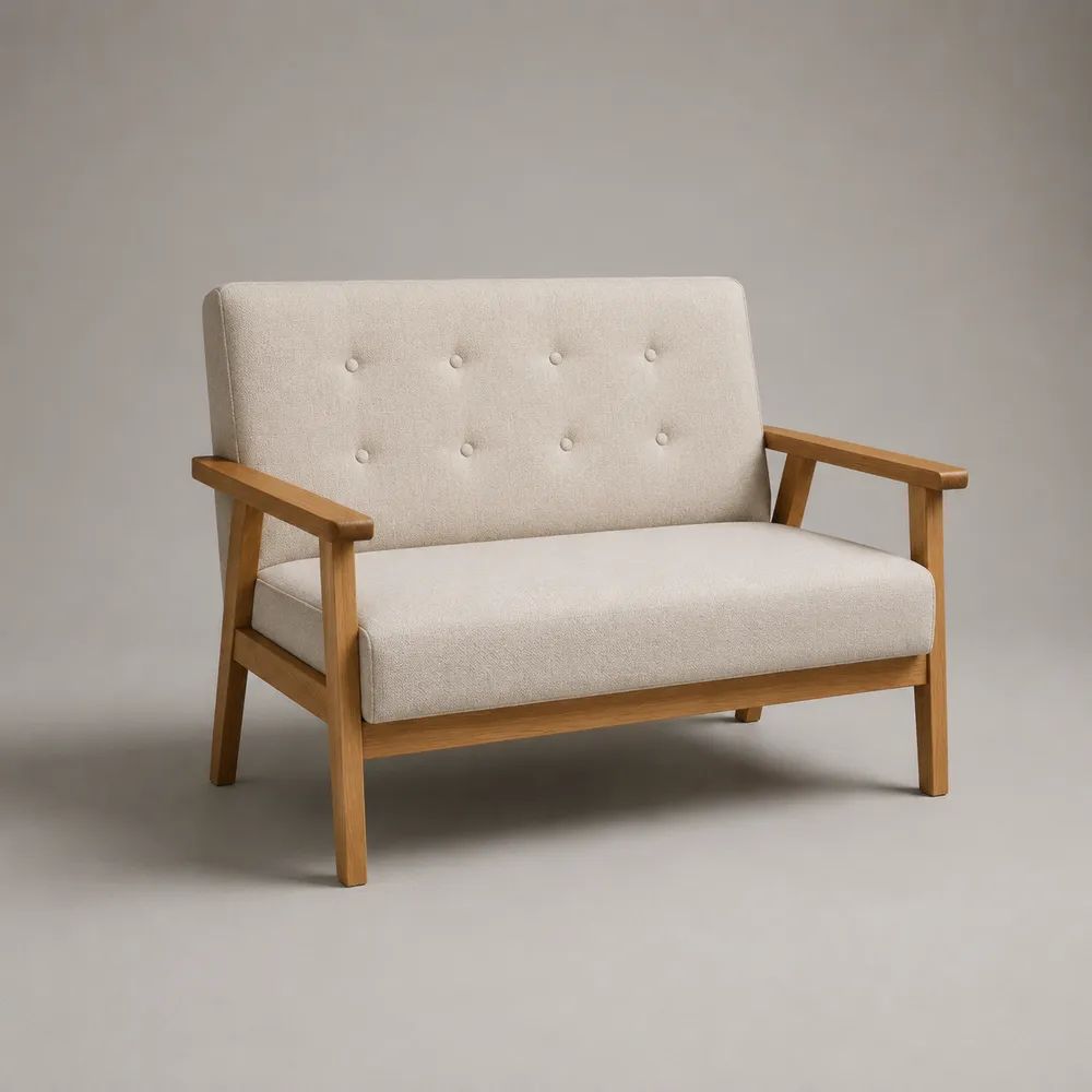 2-Sitzer-Sofa aus Holz mit Stoffbezug und Armlehnen, Creme/Hellbraun, 122 × 72 × 81 cm