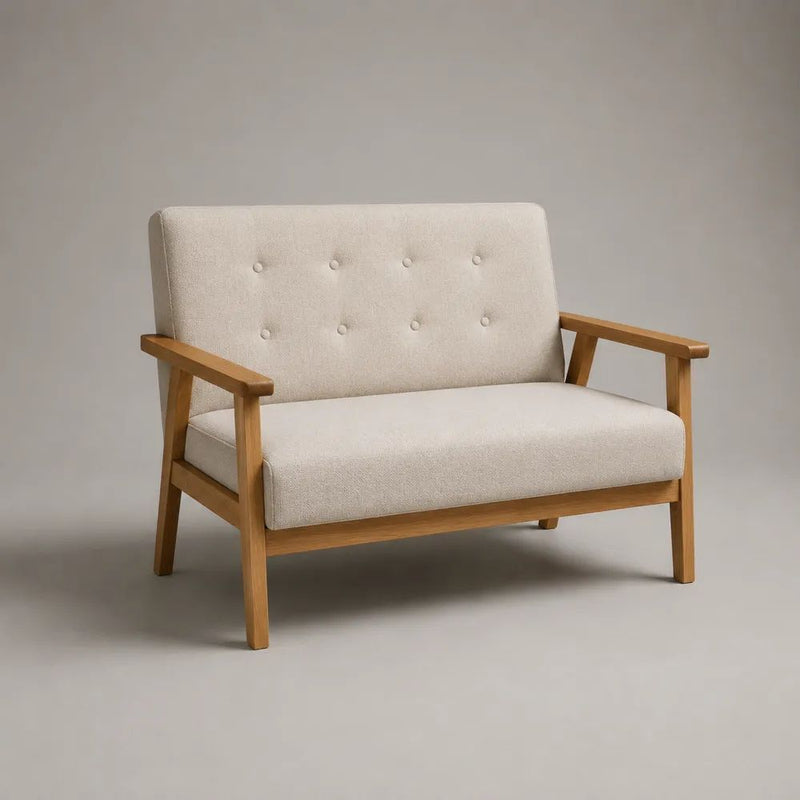 2-Sitzer-Sofa aus Holz mit Stoffbezug und Armlehnen, Creme/Hellbraun, 122 × 72 × 81 cm